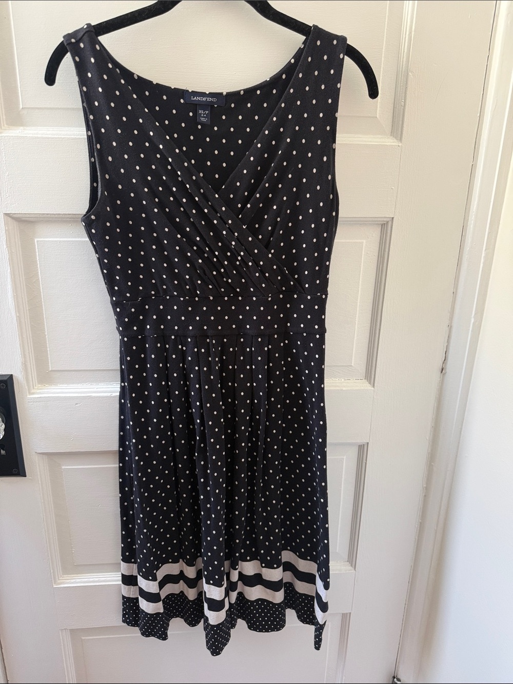 Lands' End Black and Cream Polka Dot Sleeveless Midi Dress